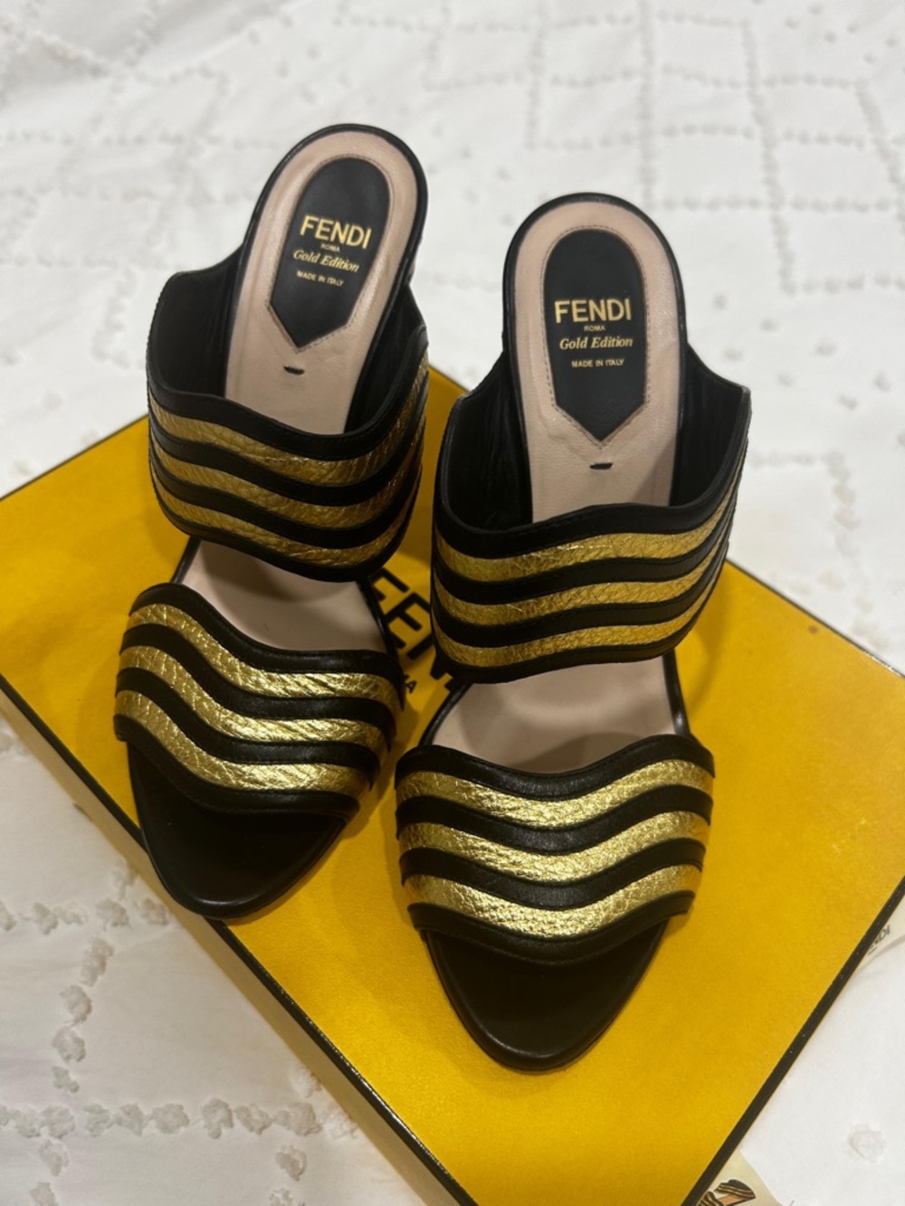 Fendi Black and Gold Wave-Strip Slide Mules